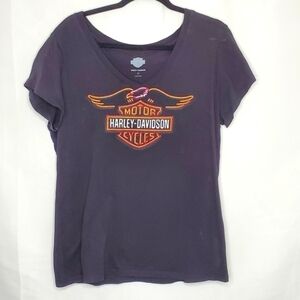 Harley-Davidson V-neck Black Logo Tee Shirt Spell Out Made in USA Size XL